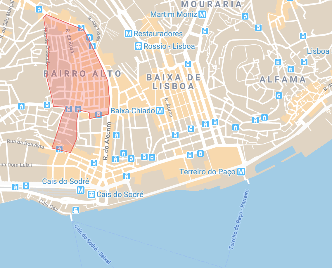 Accommodation in Lisbon map of Bairro Alto and Bica