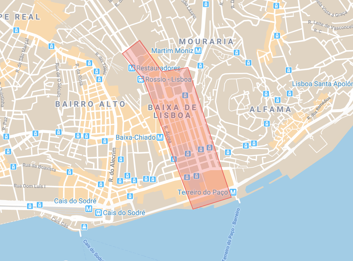 Accommodation in Lisbon Baixa district map