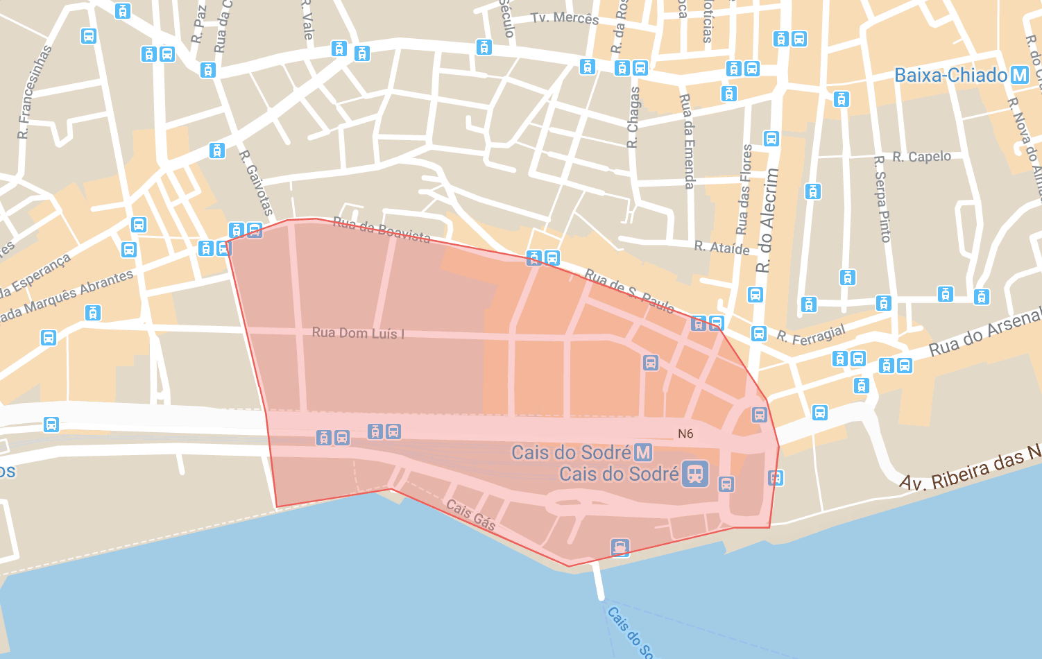Accommodation in Lisbon map of the Cais do Sodre district