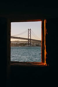 View of the 25th April Bridge from the other side of the Tagus, opposite Lisbon