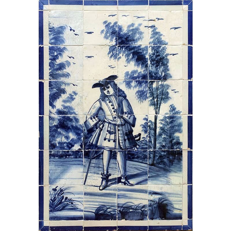 Gentleman or fidalgo in Portuguese represented on a panel of blue monochrome tiles