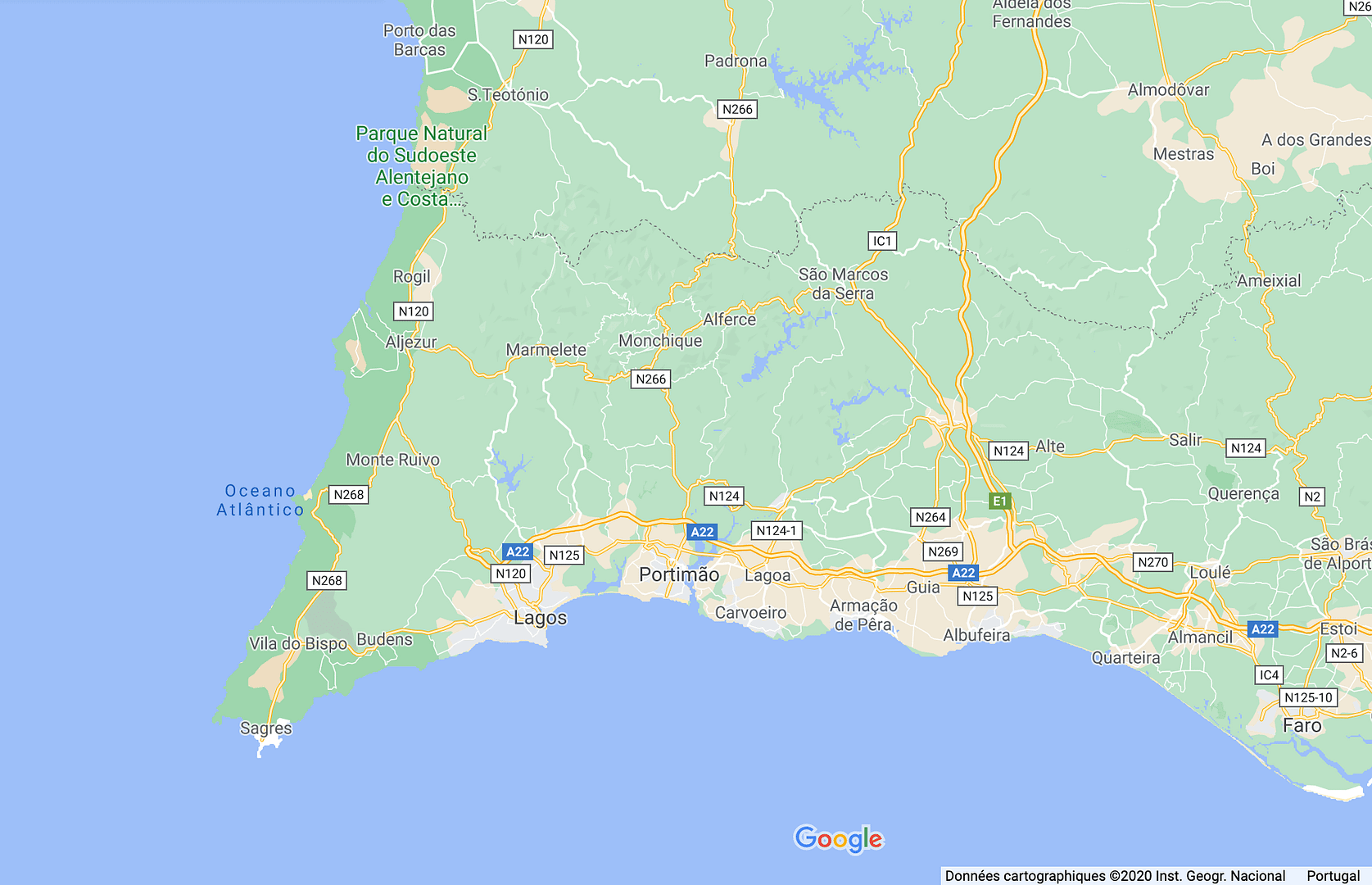map of a surfing road trip in the Algarve
