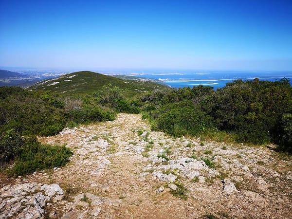 Hiking in Lisbon on the Serra da Arrabida at the top of the summit with view on the ocean