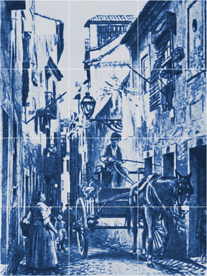 Azulejos or faience representing the Mouraria district in Lisbon in the 19th century